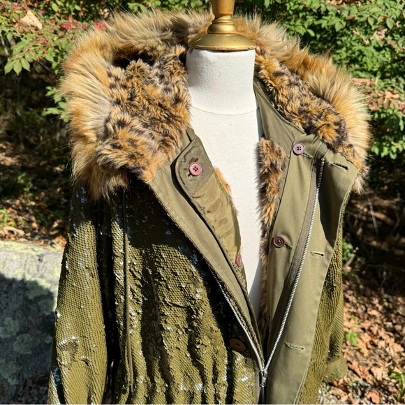 Ashish Olive Sequin Parka w Leopard Fur like featured in Ab Fab - Picture 3 of 16